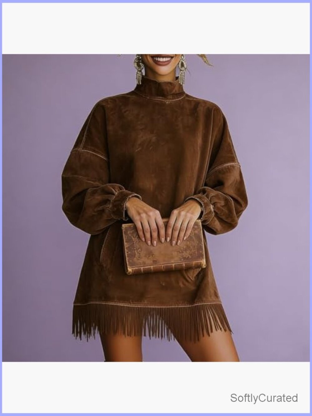 Faux Suede Fringe Mockneck Mini Dress Long Sleeve Loose Fit with Pockets - Picture 3 of 7